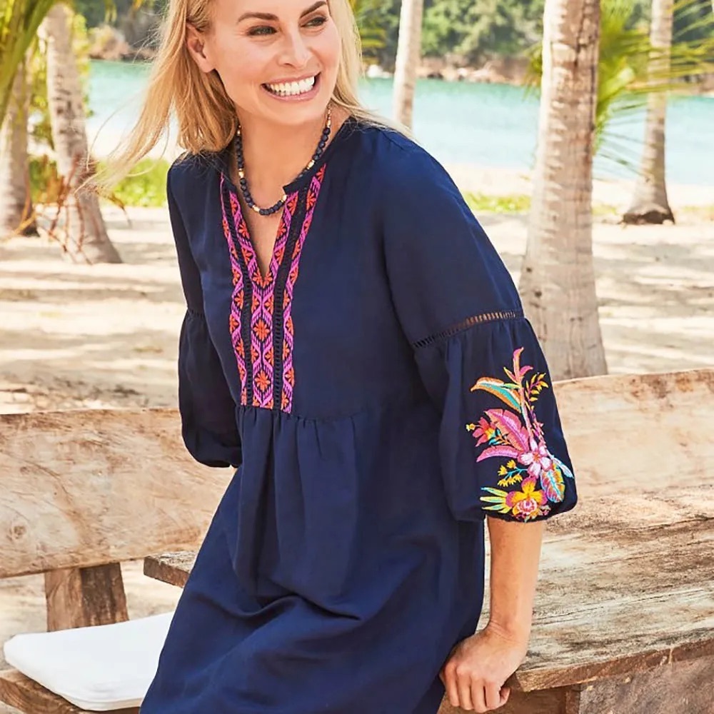 NWT Tommy Bahama Navy Tunic dress with Red and Pink Embroidery - Picture 2 of 9
